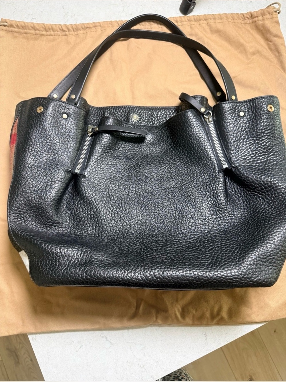 Burberry House Check Black Leather Large Shoulder Tote + Dust Bag